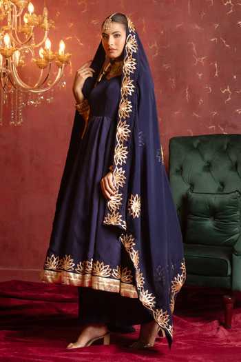Shop_Pomcha Jaipur_Blue Organza Sweetheart Neck Gota Patti Embroidered Anarkali Set 