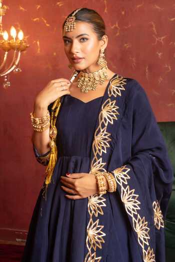 Pomcha Jaipur_Blue Organza Sweetheart Neck Gota Patti Embroidered Anarkali Set _Online