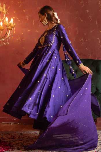 Pomcha Jaipur_Purple Taffeta, Organza Round Neck Zardozi Embroidered Anarkali Set _Online