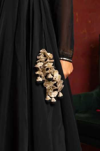 Shop_Pomcha Jaipur_Black Organza V-neck Gota Patti Work Anarkali Set _Online_at_Aza_Fashions