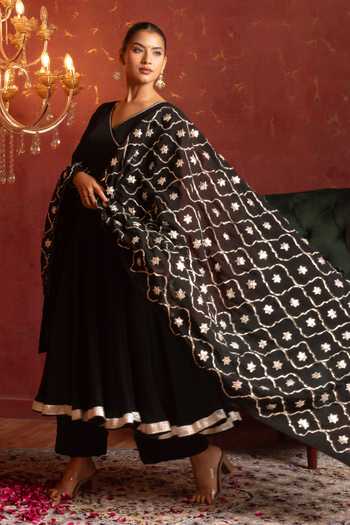 Shop_Pomcha Jaipur_Black Organza V-neck Gota Patti Work Anarkali Set 