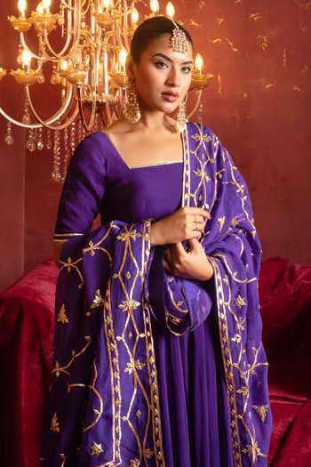 Shop_Pomcha Jaipur_Purple Organza Square Neck Gota Patti Work Anarkali Set _Online_at_Aza_Fashions