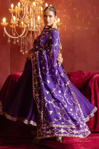 Shop_Pomcha Jaipur_Purple Organza Square Neck Gota Patti Work Anarkali Set 