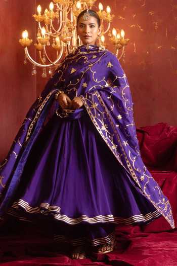 Pomcha Jaipur_Purple Organza Square Neck Gota Patti Work Anarkali Set _Online