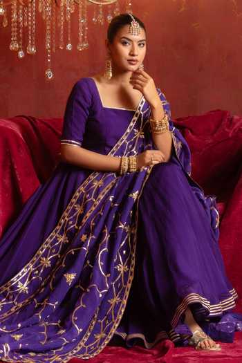 Shop_Pomcha Jaipur_Purple Organza Square Neck Gota Patti Work Anarkali Set _Online