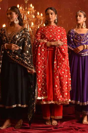 Pomcha Jaipur_Black Organza Sweetheart Neck Gota Patti Work Anarkali Set _at_Aza_Fashions
