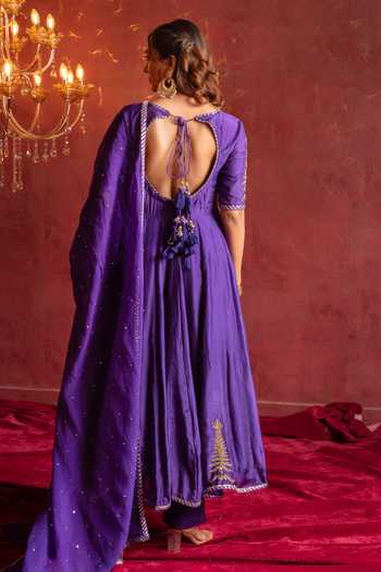 Pomcha Jaipur_Purple Silk, Organza Sweetheart Neck Taari Zari Anarkali Set _Online_at_Aza_Fashions