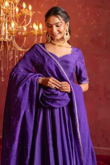 Shop_Pomcha Jaipur_Purple Silk, Organza Sweetheart Neck Taari Zari Anarkali Set _Online_at_Aza_Fashions