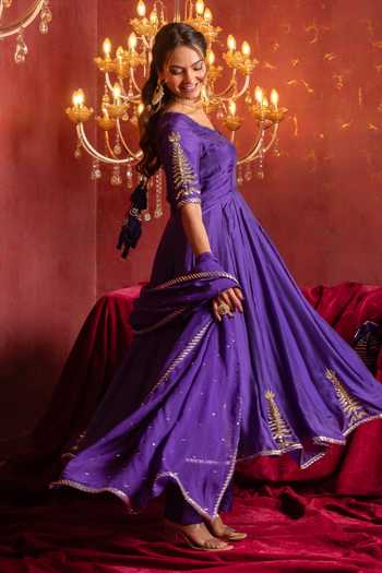 Pomcha Jaipur_Purple Silk, Organza Sweetheart Neck Taari Zari Anarkali Set _at_Aza_Fashions
