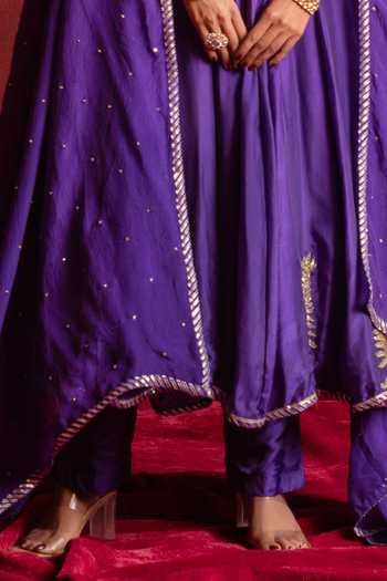 Shop_Pomcha Jaipur_Purple Silk, Organza Sweetheart Neck Taari Zari Anarkali Set 