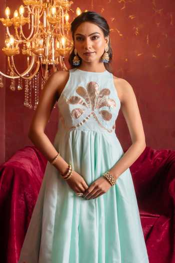 Buy_Pomcha Jaipur_Aqua Organza Round Neck Gota Patti Hand Work Anarkali Set _Online_at_Aza_Fashions