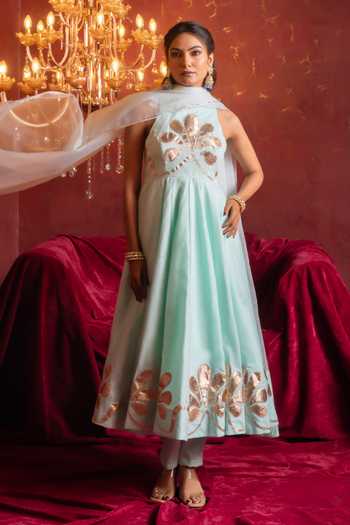 Buy_Pomcha Jaipur_Aqua Organza Round Neck Gota Patti Hand Work Anarkali Set _at_Aza_Fashions