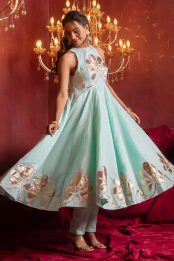 Shop_Pomcha Jaipur_Aqua Organza Round Neck Gota Patti Hand Work Anarkali Set _Online_at_Aza_Fashions