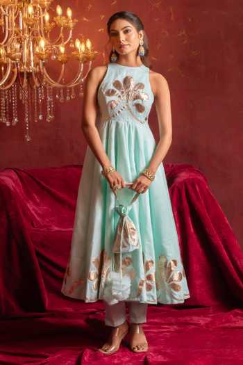 Pomcha Jaipur_Aqua Organza Round Neck Gota Patti Hand Work Anarkali Set _at_Aza_Fashions
