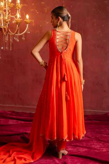 Pomcha Jaipur_Orange Organza Round Neck Taari-sequin Hand Work Anarkali Set _Online_at_Aza_Fashions