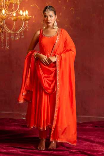 Buy_Pomcha Jaipur_Orange Organza Round Neck Taari-sequin Hand Work Anarkali Set _at_Aza_Fashions