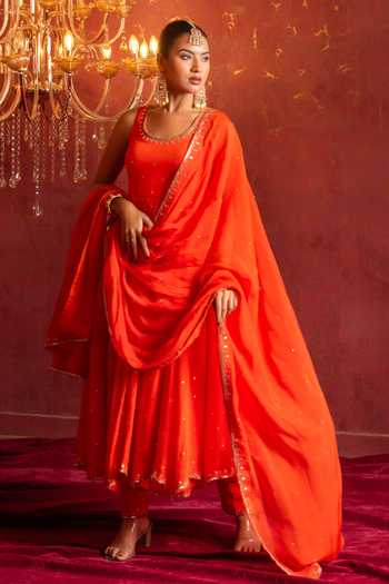 Pomcha Jaipur_Orange Organza Round Neck Taari-sequin Hand Work Anarkali Set _at_Aza_Fashions
