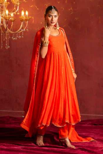 Buy_Pomcha Jaipur_Orange Organza Round Neck Taari-sequin Hand Work Anarkali Set 
