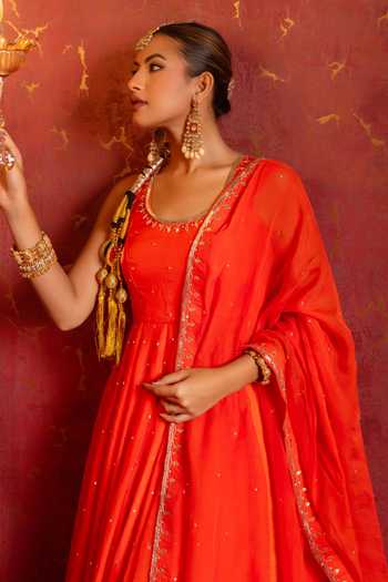 Shop_Pomcha Jaipur_Orange Organza Round Neck Taari-sequin Hand Work Anarkali Set 