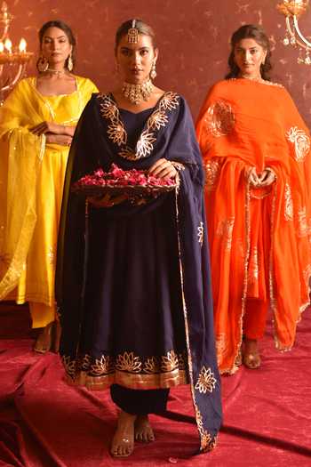Buy_Pomcha Jaipur_Yellow Organza Square Neck Gota Patti Anarkali Set _Online_at_Aza_Fashions