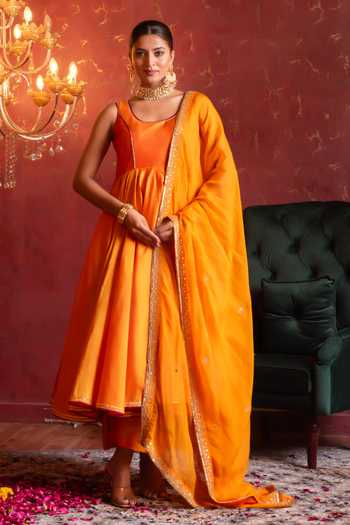 Buy_Pomcha Jaipur_Orange Taffeta, Organza Round Neck Gota Patti Work Anarkali Set _at_Aza_Fashions
