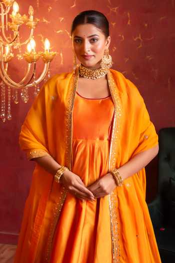 Shop_Pomcha Jaipur_Orange Taffeta, Organza Round Neck Gota Patti Work Anarkali Set _Online_at_Aza_Fashions