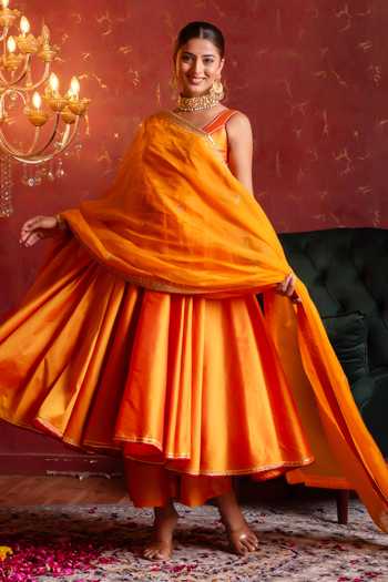 Shop_Pomcha Jaipur_Orange Taffeta, Organza Round Neck Gota Patti Work Anarkali Set 