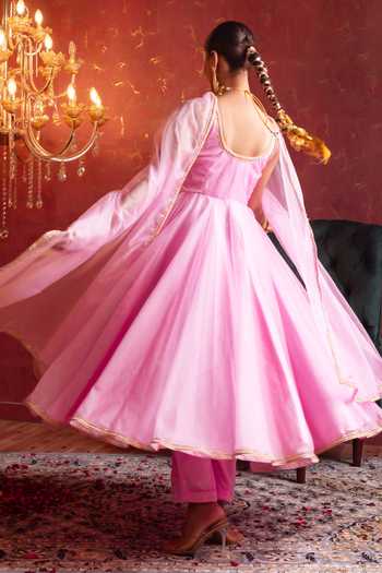 Shop_Pomcha Jaipur_Pink Organza Sweetheart Neck Gota Patti Anarkali Set _at_Aza_Fashions