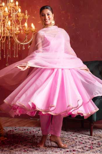Pomcha Jaipur_Pink Organza Sweetheart Neck Gota Patti Anarkali Set _at_Aza_Fashions