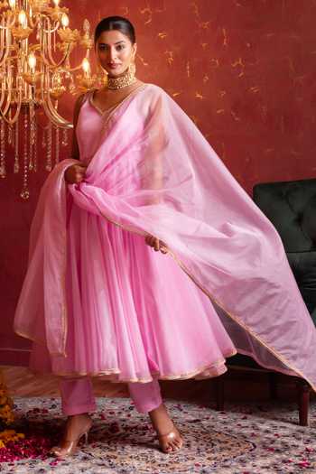 Shop_Pomcha Jaipur_Pink Organza Sweetheart Neck Gota Patti Anarkali Set 