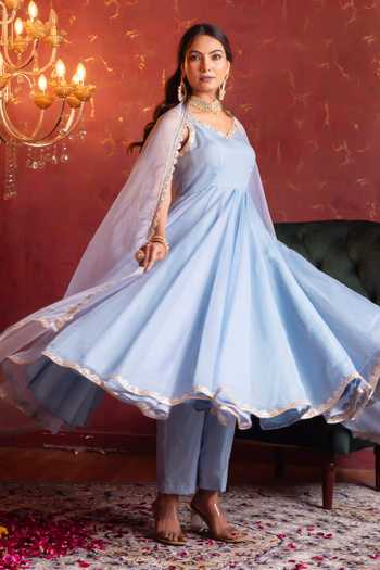 Shop_Pomcha Jaipur_Blue Organza V-neck Gota Patti Anarkali Set _Online_at_Aza_Fashions
