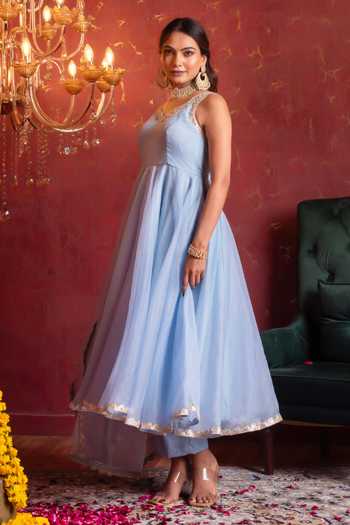 Shop_Pomcha Jaipur_Blue Organza V-neck Gota Patti Anarkali Set 