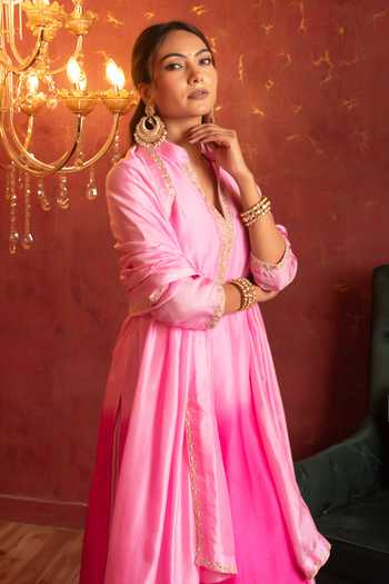 Pomcha Jaipur_Pink Silk V-neck, Yes Zardozi Work Straight Kurta Set _at_Aza_Fashions