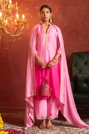 Buy_Pomcha Jaipur_Pink Silk V-neck, Yes Zardozi Work Straight Kurta Set _at_Aza_Fashions
