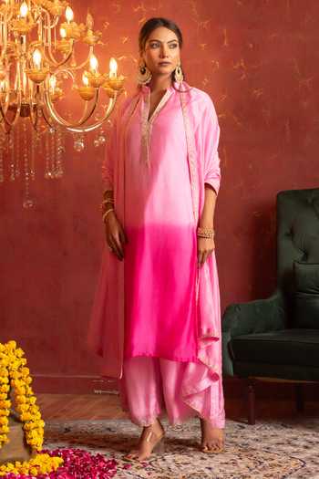 Buy_Pomcha Jaipur_Pink Silk V-neck, Yes Zardozi Work Straight Kurta Set _Online