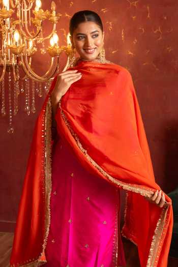 Buy_Pomcha Jaipur_Pink Taffeta, Organza Round Neck Zari Embroidered Straight Kurta Set _Online_at_Aza_Fashions
