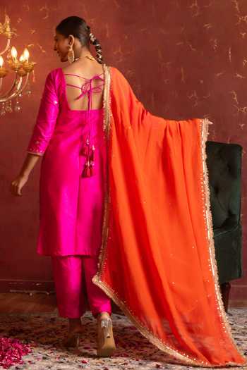 Pomcha Jaipur_Pink Taffeta, Organza Round Neck Zari Embroidered Straight Kurta Set _Online_at_Aza_Fashions