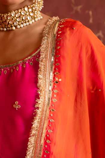 Shop_Pomcha Jaipur_Pink Taffeta, Organza Round Neck Zari Embroidered Straight Kurta Set 