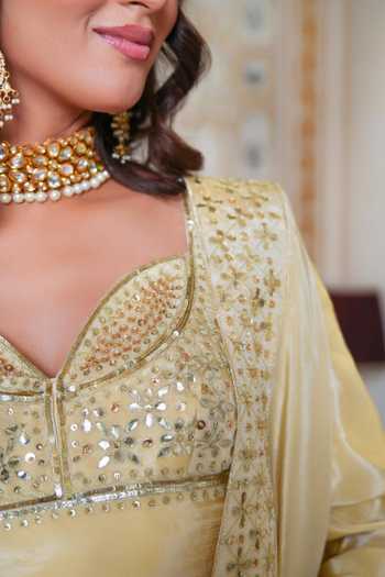 Pomcha Jaipur_Gold Silk Sweetheart Neck Mehfil Sunehri Gota Patti Karigari Lehenga Set _Online_at_Aza_Fashions