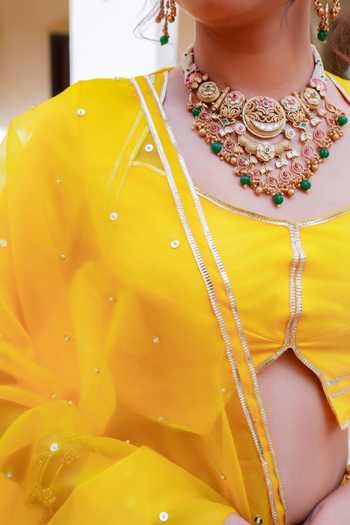 Shop_Pomcha Jaipur_Yellow Organza Sweetheart Neck Mehfil Basant Bahar Gota Patti Lehenga Set _Online_at_Aza_Fashions
