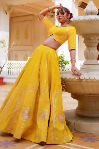 Pomcha Jaipur_Yellow Organza Sweetheart Neck Mehfil Basant Bahar Gota Patti Lehenga Set _at_Aza_Fashions