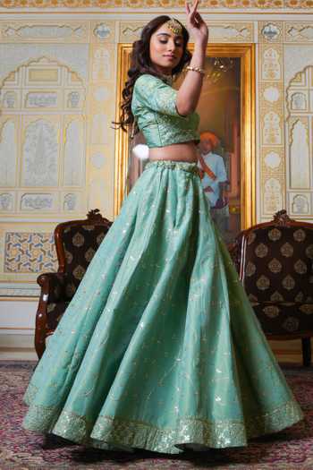 Buy_Pomcha Jaipur_Green Silk Mehfil Noor Gota Patti Embroidered Lehenga Set _Online_at_Aza_Fashions