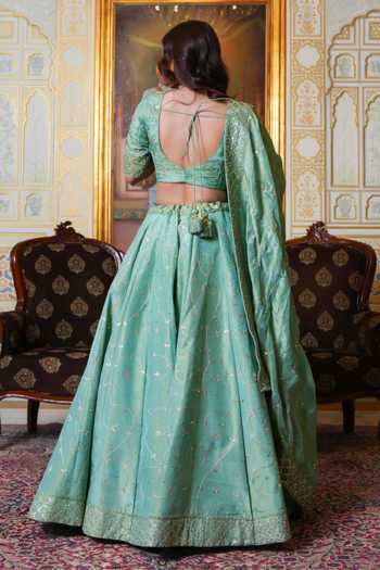 Shop_Pomcha Jaipur_Green Silk Mehfil Noor Gota Patti Embroidered Lehenga Set _at_Aza_Fashions