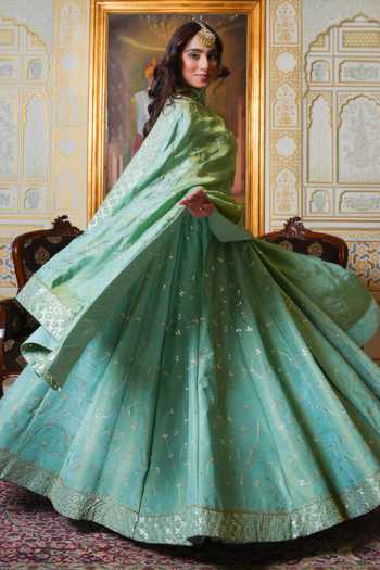 Pomcha Jaipur_Green Silk Mehfil Noor Gota Patti Embroidered Lehenga Set _at_Aza_Fashions