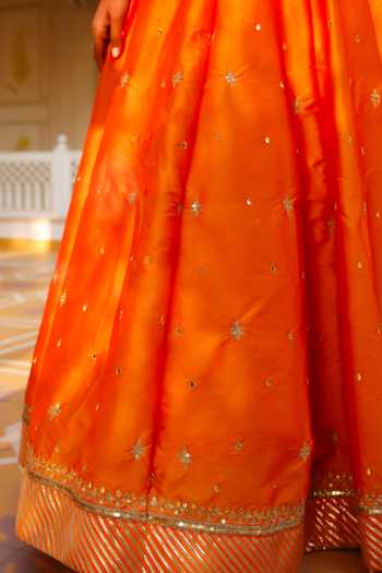 Buy_Pomcha Jaipur_Orange Taffeta, Organza Mehfil Kesari Sitara Aari Hand Work Lehenga Set _Online_at_Aza_Fashions