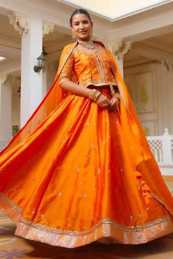 Pomcha Jaipur_Orange Taffeta, Organza Mehfil Kesari Sitara Aari Hand Work Lehenga Set _at_Aza_Fashions