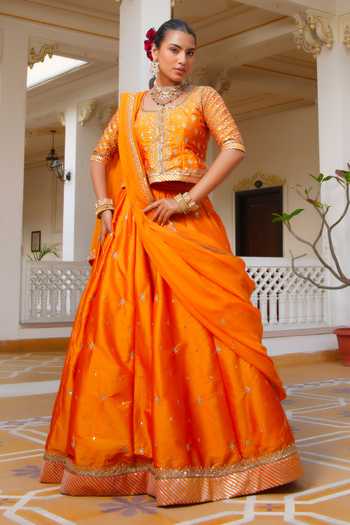 Buy_Pomcha Jaipur_Orange Taffeta, Organza Mehfil Kesari Sitara Aari Hand Work Lehenga Set 