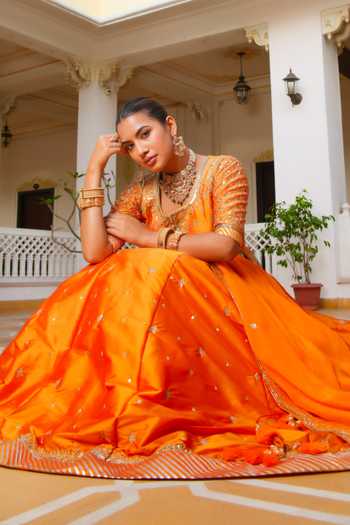 Pomcha Jaipur_Orange Taffeta, Organza Mehfil Kesari Sitara Aari Hand Work Lehenga Set _Online