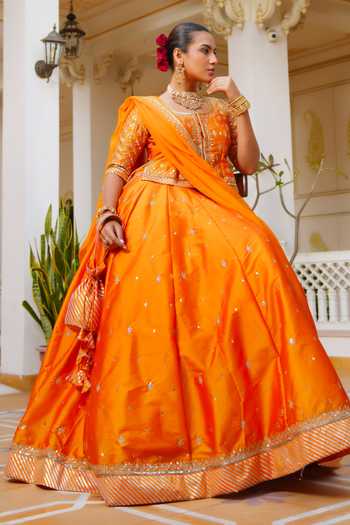 Buy_Pomcha Jaipur_Orange Taffeta, Organza Mehfil Kesari Sitara Aari Hand Work Lehenga Set _Online