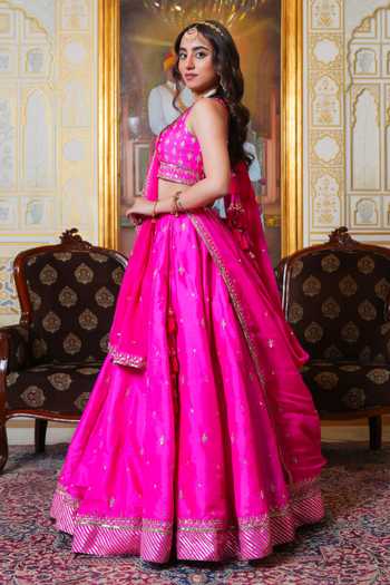 Shop_Pomcha Jaipur_Pink Taffeta, Organza Sweetheart Neck Mehfil Zari Hand Embroidered Lehenga Set 